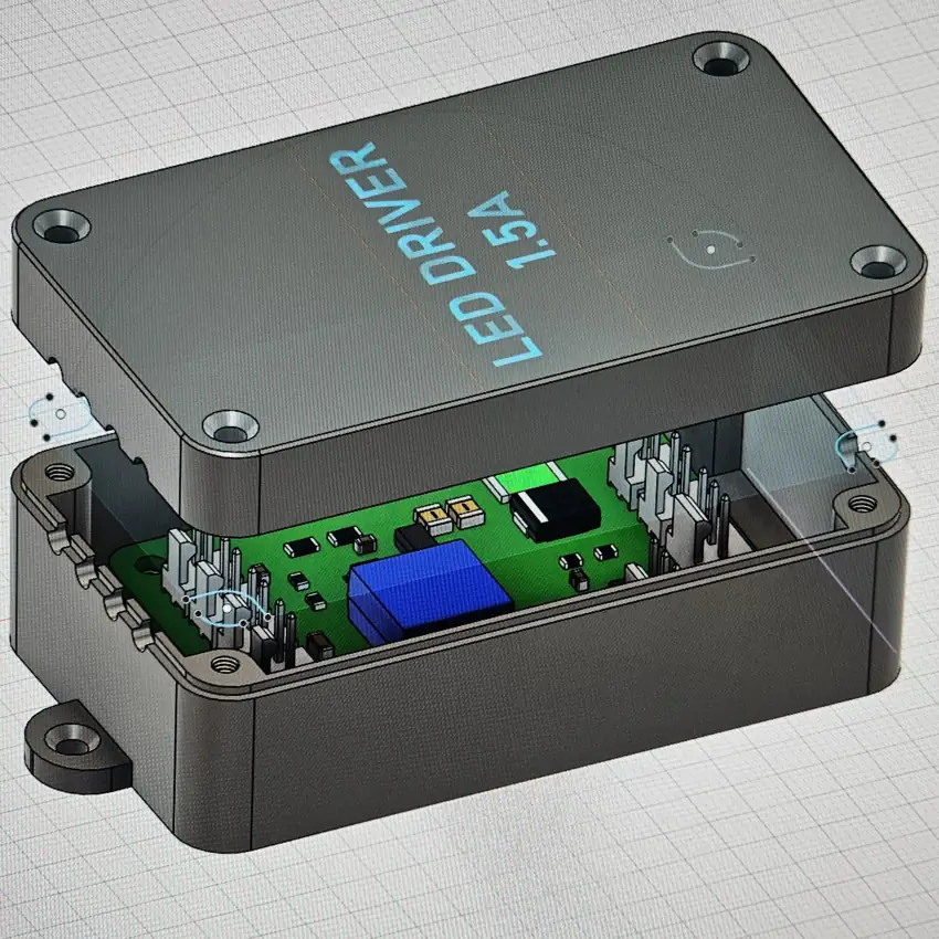 3D model of an LED driver enclosure with room for the board and connectors